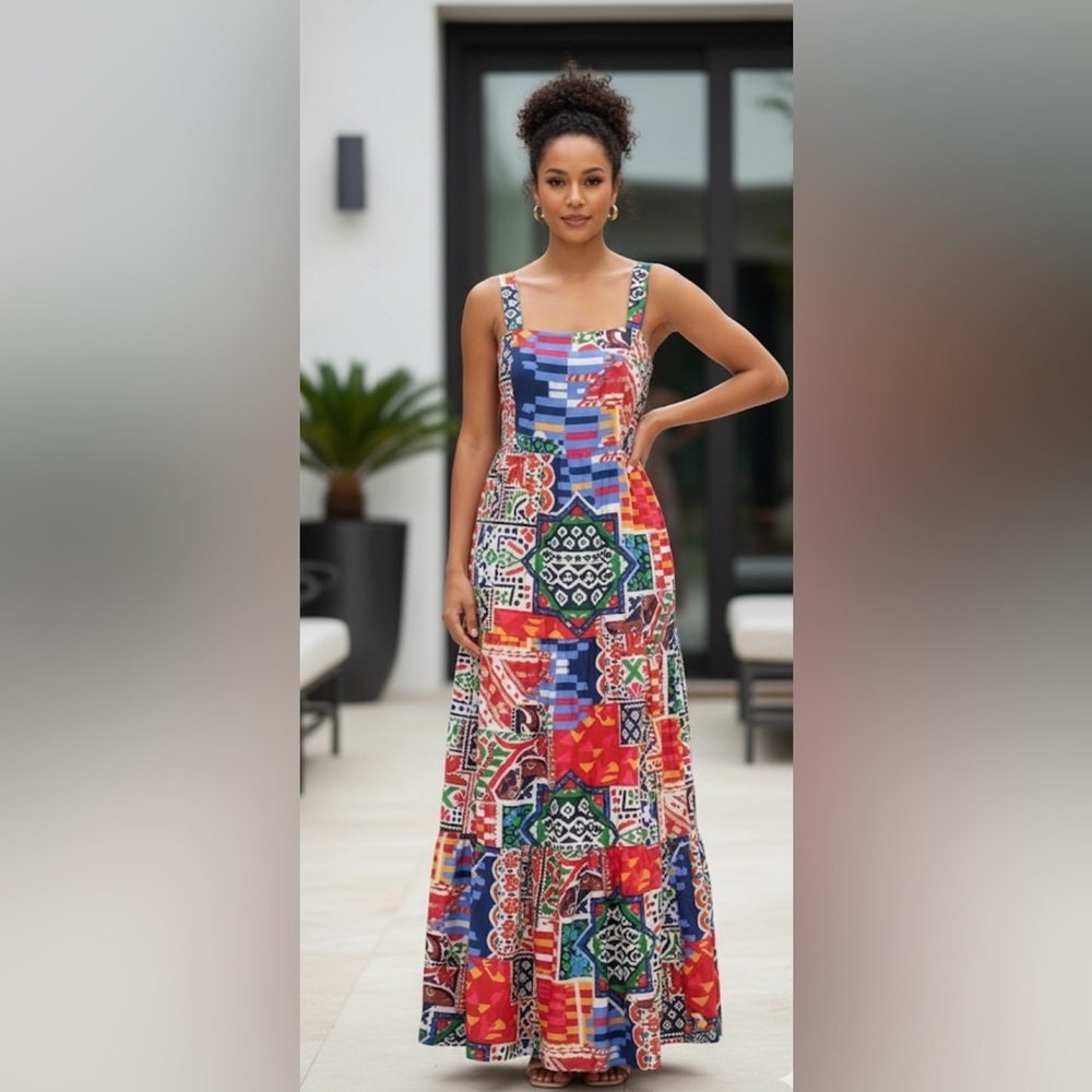 Skies Are Blue Red and Blue Maxi Sundress
